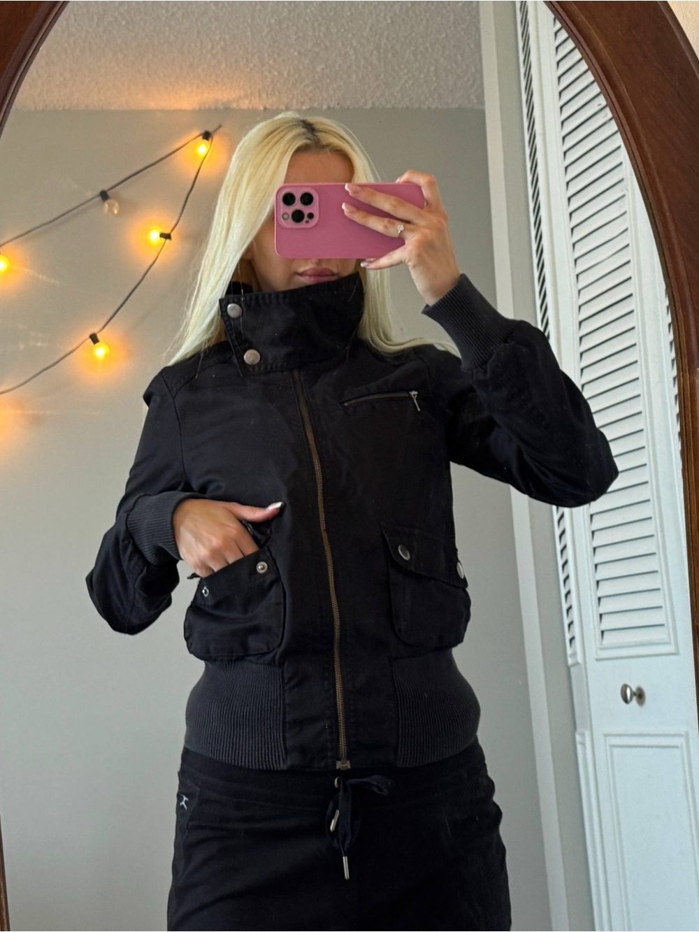 H&M Black Women's Bomber Jacket with High Collar and Pocket Details